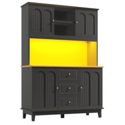 Tall Kitchen Sideboard Cabinet with App-Controlled Changing LED Lighting, Cupboard with Open Display Shelf, 120L x 40W x 180H cm, Black - Aosom UK - thumbnail 2