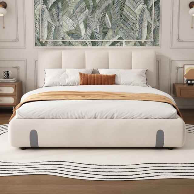 4ft6 Upholstered Double Bed with Durable Frame, Soft Headboard, Sturdy Slats, Velvet Bed for Adults, Teenagers, 213L x 152W x 89H cm, White - Aosom UK - image 1