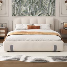 4ft6 Upholstered Double Bed with Durable Frame, Soft Headboard, Sturdy Slats, Velvet Bed for Adults, Teenagers, 213L x 152W x 89H cm, White - Aosom UK - thumbnail 1