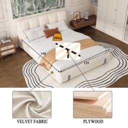 4ft6 Upholstered Double Bed with Durable Frame, Soft Headboard, Sturdy Slats, Velvet Bed for Adults, Teenagers, 213L x 152W x 89H cm, White - Aosom UK - thumbnail 4