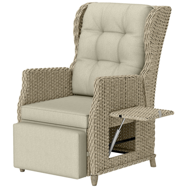 Outsunny Rattan Garden Recliner Chair, Reclining Garden Chair with Adjustable Back and Footrest, Flip Table, Cushion, Brown - image 1
