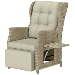 Outsunny Rattan Garden Recliner Chair, Reclining Garden Chair with Adjustable Back and Footrest, Flip Table, Cushion, Brown