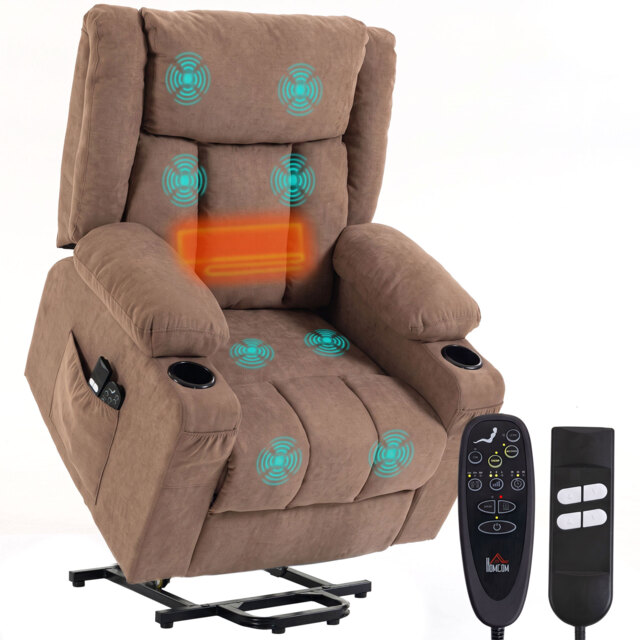 HOMCOM Dual Motor Riser Recliner Chair, 55° Electric Lift Chair for Elderly, Recliner Armchair with Massage and Heat, Brown - Aosom UK - image 1