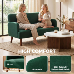 HOMCOM Velvet Feel Fabric 2 Seater Sofa, Small Sofa Loveseat with 21cm Thick Padding and Wood Legs, Dark Green - thumbnail 4