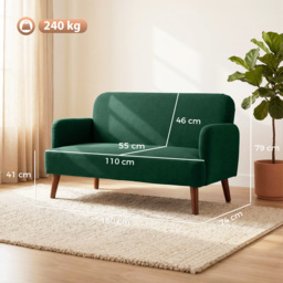 HOMCOM Velvet Feel Fabric 2 Seater Sofa, Small Sofa Loveseat with 21cm Thick Padding and Wood Legs, Dark Green - thumbnail 3
