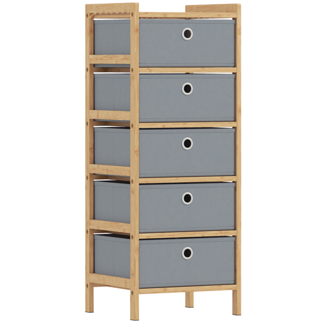 HOMCOM Chest of Drawers, 5 Fabric Drawers Narrow Dresser with Bamboo Frame, Light Grey - image 1