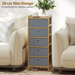 HOMCOM Chest of Drawers, 5 Fabric Drawers Narrow Dresser with Bamboo Frame, Light Grey - thumbnail 6