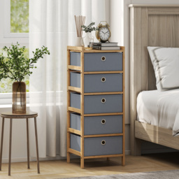 HOMCOM Chest of Drawers, 5 Fabric Drawers Narrow Dresser with Bamboo Frame, Light Grey - thumbnail 2