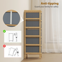 HOMCOM Chest of Drawers, 5 Fabric Drawers Narrow Dresser with Bamboo Frame, Light Grey - thumbnail 8