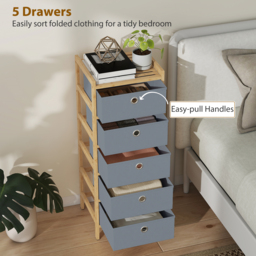 HOMCOM Chest of Drawers, 5 Fabric Drawers Narrow Dresser with Bamboo Frame, Light Grey - thumbnail 4