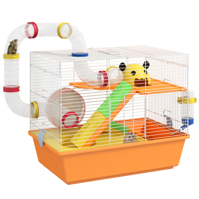 PawHut 3 Tiers Gerbil Cage, Hamster Cage with Tubes, Exercise Wheel, Ladder, Top Handle, 45 x 28 x 37cm - Orange - Aosom UK - image 1