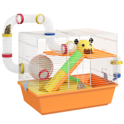 PawHut 3 Tiers Gerbil Cage, Hamster Cage with Tubes, Exercise Wheel, Ladder, Top Handle, 45 x 28 x 37cm - Orange - Aosom UK