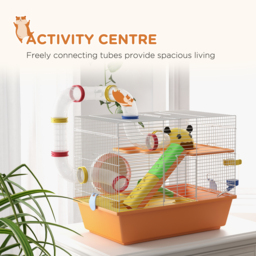 PawHut 3 Tiers Gerbil Cage, Hamster Cage with Tubes, Exercise Wheel, Ladder, Top Handle, 45 x 28 x 37cm - Orange - Aosom UK - thumbnail 4
