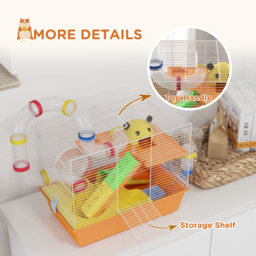 PawHut 3 Tiers Gerbil Cage, Hamster Cage with Tubes, Exercise Wheel, Ladder, Top Handle, 45 x 28 x 37cm - Orange - Aosom UK - thumbnail 8