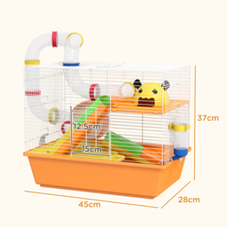PawHut 3 Tiers Gerbil Cage, Hamster Cage with Tubes, Exercise Wheel, Ladder, Top Handle, 45 x 28 x 37cm - Orange - Aosom UK - thumbnail 3