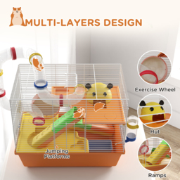 PawHut 3 Tiers Gerbil Cage, Hamster Cage with Tubes, Exercise Wheel, Ladder, Top Handle, 45 x 28 x 37cm - Orange - Aosom UK - thumbnail 5
