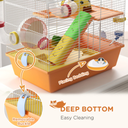 PawHut 3 Tiers Gerbil Cage, Hamster Cage with Tubes, Exercise Wheel, Ladder, Top Handle, 45 x 28 x 37cm - Orange - Aosom UK - thumbnail 6