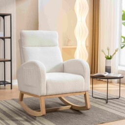 Modern Single Sofa Bed Chair with Solid Wood Legs and Soft Padded Seat, Upholstered Nursery Glider Rocker for Lounge Room & Bedroom, 88x71x104.5 cm, Beige - Aosom UK