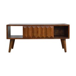 Solid Mango Wood Media Unit with Sliding Door and Open Slot Storage, Hand-finished Table with Unique Grain, 35L x 88W x 40H cm, Brown - Aosom UK - thumbnail 7
