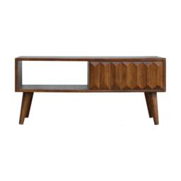 Solid Mango Wood Media Unit with Sliding Door and Open Slot Storage, Hand-finished Table with Unique Grain, 35L x 88W x 40H cm, Brown - Aosom UK - thumbnail 2