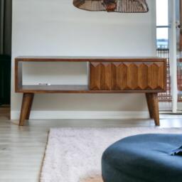 Solid Mango Wood Media Unit with Sliding Door and Open Slot Storage, Hand-finished Table with Unique Grain, 35L x 88W x 40H cm, Brown - Aosom UK - thumbnail 1