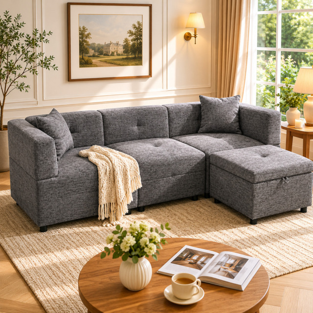 L-Shaped Sectional Sofa with Removable Storage Ottoman and 2 Pillows, Fabric Upholstery Sofa for Living Room, 204L x 68W x 69H cm, Grey - Aosom.UK - image 1