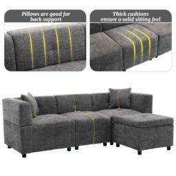 L-Shaped Sectional Sofa with Removable Storage Ottoman and 2 Pillows, Fabric Upholstery Sofa for Living Room, 204L x 68W x 69H cm, Grey - Aosom.UK - thumbnail 6