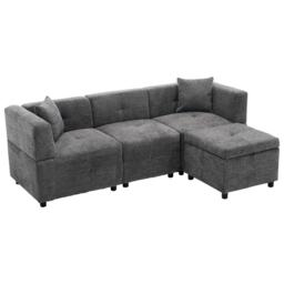 L-Shaped Sectional Sofa with Removable Storage Ottoman and 2 Pillows, Fabric Upholstery Sofa for Living Room, 204L x 68W x 69H cm, Grey - Aosom.UK - thumbnail 2
