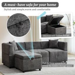 L-Shaped Sectional Sofa with Removable Storage Ottoman and 2 Pillows, Fabric Upholstery Sofa for Living Room, 204L x 68W x 69H cm, Grey - Aosom.UK - thumbnail 4