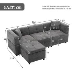 L-Shaped Sectional Sofa with Removable Storage Ottoman and 2 Pillows, Fabric Upholstery Sofa for Living Room, 204L x 68W x 69H cm, Grey - Aosom.UK - thumbnail 3