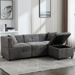 L-Shaped Sectional Sofa with Removable Storage Ottoman and 2 Pillows, Fabric Upholstery Sofa for Living Room, 204L x 68W x 69H cm, Grey - Aosom.UK - thumbnail 9