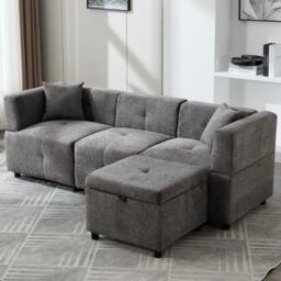 L-Shaped Sectional Sofa with Removable Storage Ottoman and 2 Pillows, Fabric Upholstery Sofa for Living Room, 204L x 68W x 69H cm, Grey - Aosom.UK - thumbnail 8