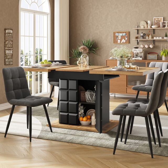 Telescopic Extendable Dining Table with Checked Pattern, Foldable Kitchen Table for 4-6 People, 110-140L x 80W x 75H cm, Black+Natural - Aosom UK - image 1