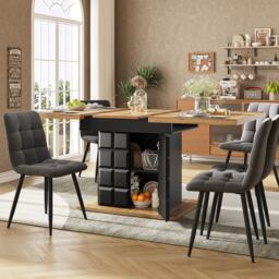 Telescopic Extendable Dining Table with Checked Pattern, Foldable Kitchen Table for 4-6 People, 110-140L x 80W x 75H cm, Black+Natural - Aosom UK - thumbnail 1