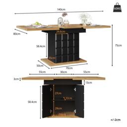 Telescopic Extendable Dining Table with Checked Pattern, Foldable Kitchen Table for 4-6 People, 110-140L x 80W x 75H cm, Black+Natural - Aosom UK - thumbnail 3