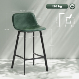 HOMCOM Bar Stools Set of 2, PU Leather Dining Stools with Backrest, Footrest, for Kitchen, Counter, Breakfast Bar, Green - thumbnail 3