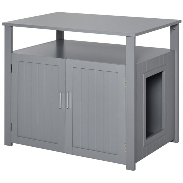 PawHut Wooden Cat Litter Box Enclosure Furniture with Adjustable Interior Wall & Large Tabletop for Nightstand, Grey - Aosom UK - image 1
