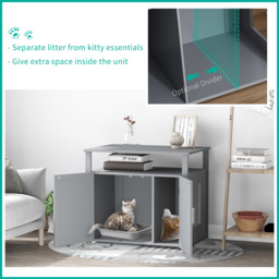 PawHut Wooden Cat Litter Box Enclosure Furniture with Adjustable Interior Wall & Large Tabletop for Nightstand, Grey - Aosom UK - thumbnail 4