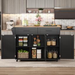 Sleek Kitchen Trolley with 2 Drawers and Cabinets, Mobile Kitchen Island with Foldable Tabletop, 129L x 46W x 91.5H cm, Black+Natural - Aosom UK