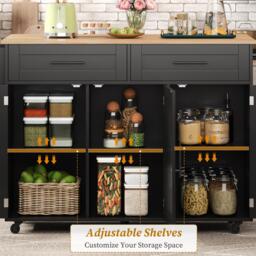 Sleek Kitchen Trolley with 2 Drawers and Cabinets, Mobile Kitchen Island with Foldable Tabletop, 129L x 46W x 91.5H cm, Black+Natural - Aosom UK - thumbnail 5