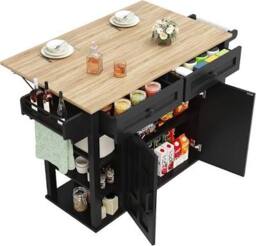 Sleek Kitchen Trolley with 2 Drawers and Cabinets, Mobile Kitchen Island with Foldable Tabletop, 129L x 46W x 91.5H cm, Black+Natural - Aosom UK - thumbnail 2