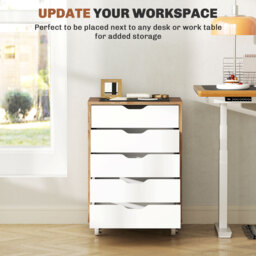 Vinsetto Five-Drawer Filing Cabinet, with Wheels - Oak Brown - Aosom UK - thumbnail 4
