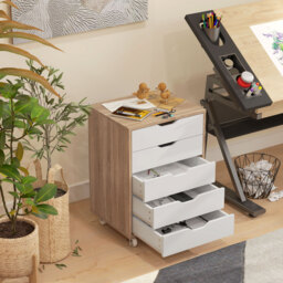 Vinsetto Five-Drawer Filing Cabinet, with Wheels - Oak Brown - Aosom UK - thumbnail 9