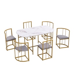 Modern Dining Table and 6 Chairs with Backrests and Upholstery, Dining Table Set with Marble Pattern, Gold Iron Frame, 140x80x76 cm, Gold - Aosom UK - thumbnail 2