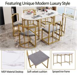 Modern Dining Table and 6 Chairs with Backrests and Upholstery, Dining Table Set with Marble Pattern, Gold Iron Frame, 140x80x76 cm, Gold - Aosom UK - thumbnail 7