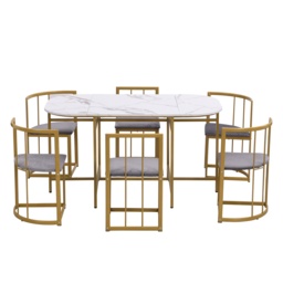 Modern Dining Table and 6 Chairs with Backrests and Upholstery, Dining Table Set with Marble Pattern, Gold Iron Frame, 140x80x76 cm, Gold - Aosom UK - thumbnail 9