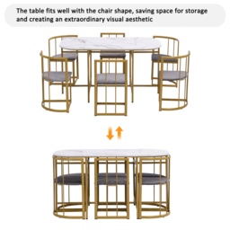 Modern Dining Table and 6 Chairs with Backrests and Upholstery, Dining Table Set with Marble Pattern, Gold Iron Frame, 140x80x76 cm, Gold - Aosom UK - thumbnail 4