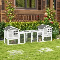 PawHut 2 in 1 Rabbit Hutch, Double Main House Guinea Pig Hutch, Wooden Small Animal House with Run Box, Slide-out Tray, Ramp, 259 x - thumbnail 2
