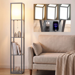 HOMCOM Floor Lamp with Shelves, 3 Layer Column Modern Standing Lamp for Living Room, Bedroom, Office, Grey - thumbnail 2