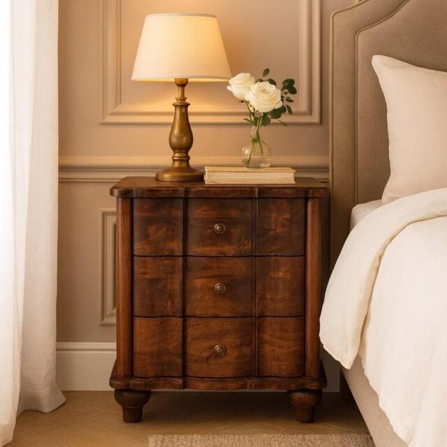 Solid Mango Wood Valencia Bedside Table with Hand-finished Surfaces, Bedside Cabinet with 3 Drawers for Storage, 40L x 55W x 63H cm, Brown - Aosom UK - image 1